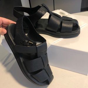 The Row black leather grained fisherman sandal flat 38.5